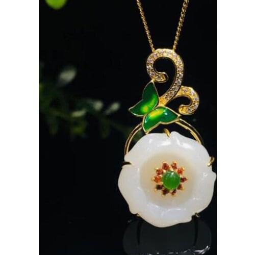 HOT Sale 925 Silver Natural Jade Hand-carved Flower Rose Gold Chain Inlaid Butterfly Pendant