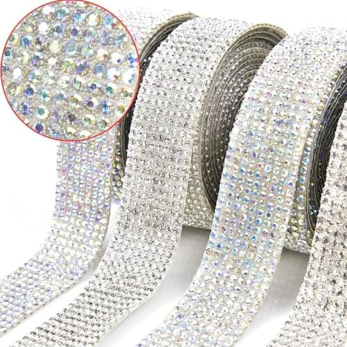 Hot Sale Rhinestone Trim White Ab Beads Self-Adhesive Crystal Glass Tape Ribbon Iron On Wedding Dress Decoration Bridal Applique