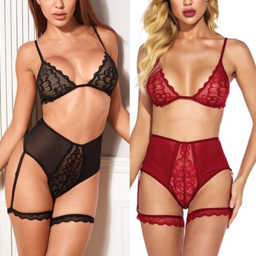 Women 2pcs Lingerie Set with Garter Belt Erotic See-Through Lace Bra and High Waist Panties Vintage Babydoll Sleepwear
