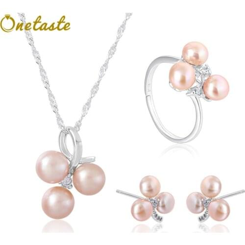 Korean Style 925 Silver Freshwater Pearl Ring Earrings Necklace Jewelry Sets Fashion DIY Jewelry Setting Tray Party