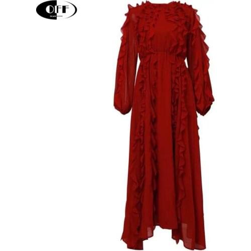 Red Elegant Woman Maxi Dress Elastic Waist Ruched Vintage Korean Celebrity IU Chic Long Sleeve Dresses For Women Party Clothing