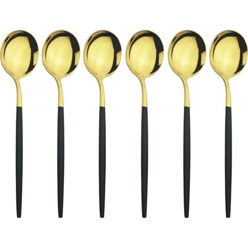 6Pcs/Set Black Gold Tea Spoons Set Stainless Steel Soup Spoon Dinner Set Long Handle Scoop Cake Fruit Salad Spoon Dinnerware Set