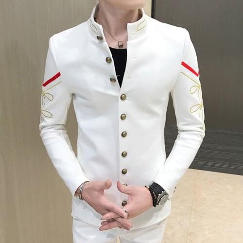 2021 New Stand Collar Men Casual Blazers Three-Buttons Suit Jacket Wheat Stalks Embellished Spring Mens Chinese Style Blazer 4XL