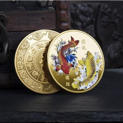 NEW Good Luck To You Chinese Fu Koi Commemorative Coin Color Carp Medal Gold and Silver Coin Embossed Metal Craft Badge Gift