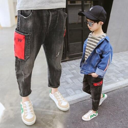 3-13 years Kids Boy Jeans Childrens Clothes Pants Denim Autumn Side Patch Pocket Black Jeans Spring Casual Stretch Pencil Pants