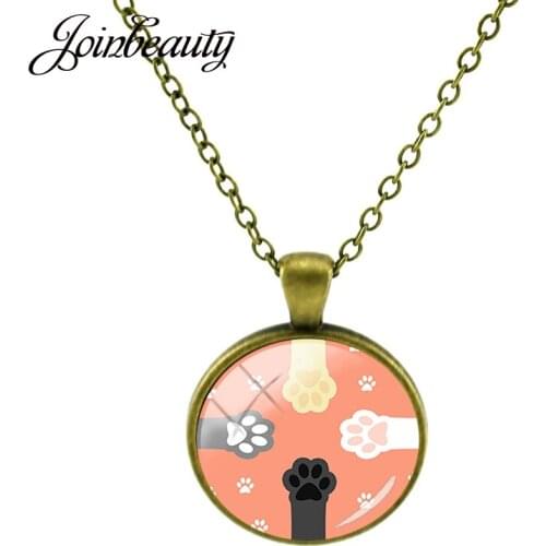 JOINBEAUTY Lovely Dog Paw Print Pendants Necklaces Handmade Glass Round Pattern Animal Souvenir Gifts Jewelry Accessories NT314