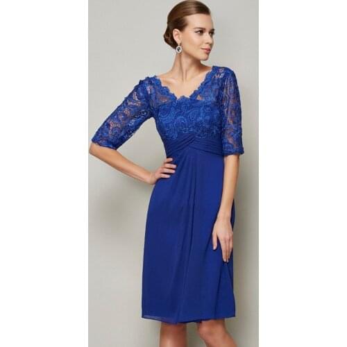 Royal Blue Mother Of The Bride Dresses Sheath V-neck Half Sleeves Chiffon Lace Short Groom Mother Dresses For Wedding