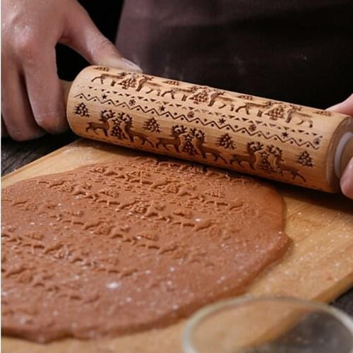 Christmas Embossing Rolling Pin Baking Cookies Noodle Biscuit Fondant Cake Dough Engraved Roller Reindeer Snowflake