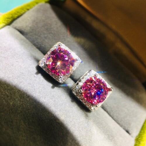 Silver 925 Original Brilliant Cut Diamond Test Past Total 2 Carat Pink Moissanite Square Cushion Stud Earrings Gemstone Jewelry