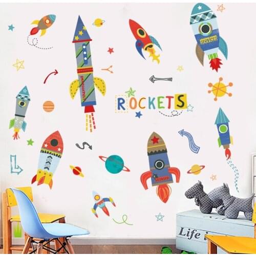 Cartoon Rockets Wall Stickers for Kids Rooms Boy Girl Bedroom Nursery Decoration Aesthetic DIY Vinyl Wallpaper Wallstickers Art