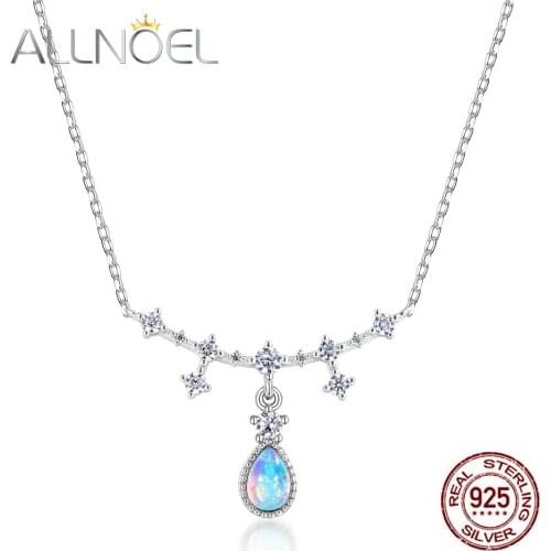 ALLNOEL Solid 925 Sterling Silver Necklace For Women Synthetic Opal Necklace Sterling Silver Clavicle Adjustable Chain Necklace