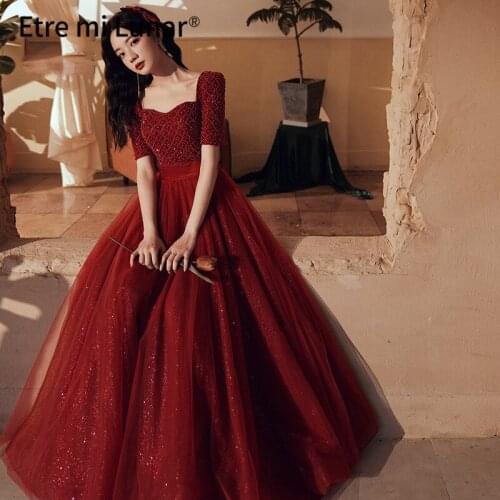 2021 Wine Red Sweetheart A-line Half Sleeves Sequins Tulle Evening Gowns Formal Dress LE40827