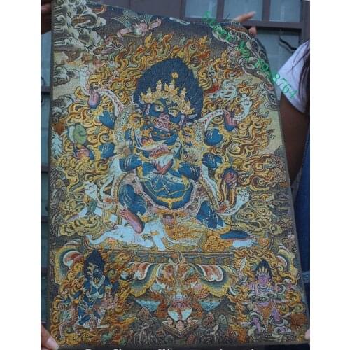 35 inch Tibet Silk embroidery 6 Arms Mahakala Wrathful Deity Buddha Tangka Painting Mural