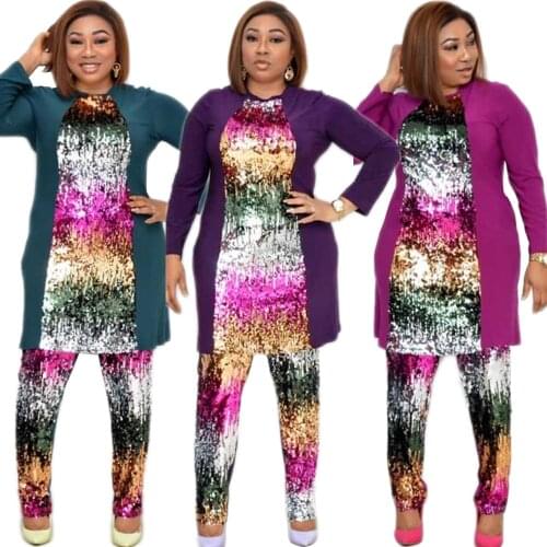 African Set Women Sequined African Elastic Bazin Baggy Pants Rock Style Dashiki Long Sleeve Tops Famous Suit Dubai Abaya Clothes