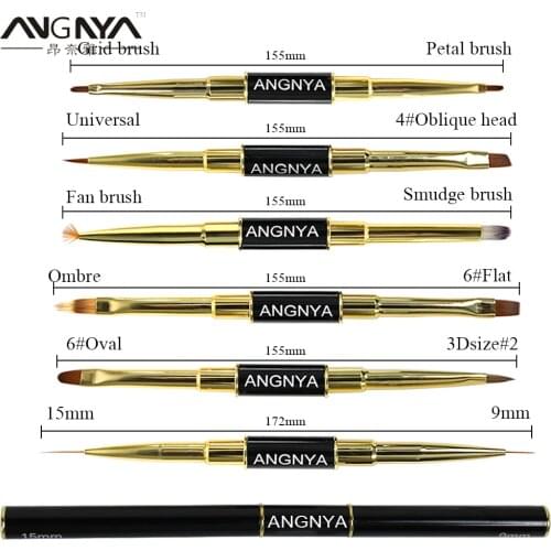 ANGNYA Double Headed Nail Art Acrylic Brush Nail UV Gel Extension Builder Drawing Pen Brushes Fan Carving Manicure Tips Tools