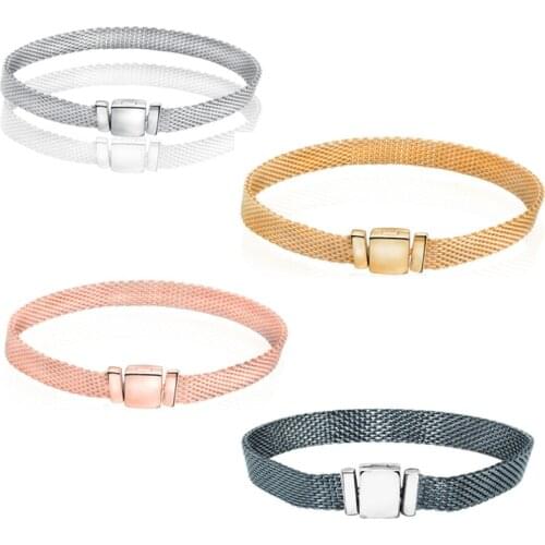 925 Sterling Silver Bracelets Fit Original Pan Clip Golden Rose Golden Oxidized Mesh Strap Bracelet Women DIY Birthday Gift