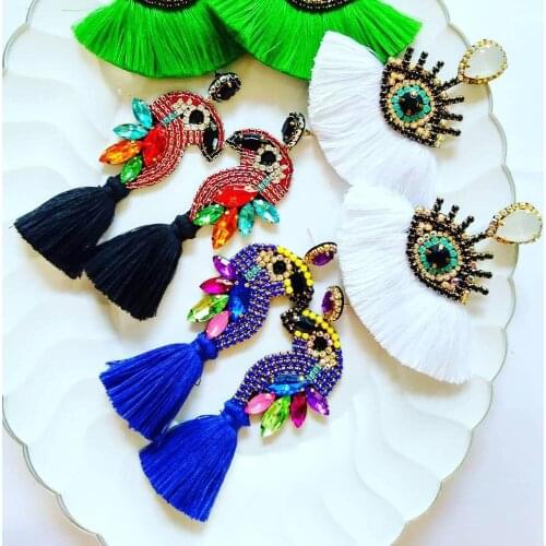 Dvacaman INS Blue Parrot Tassel Earrings for Women Crystal Bird Drop Earrings Evil Eye Long Fringed Dangle Earrings Christmas