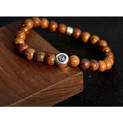 Classic Men 8mm Natural Wood Beads Bracelets Homme Silver Color Om Meditation Strand Bracelet Women Prayer Jewelry Yoga Bracelet