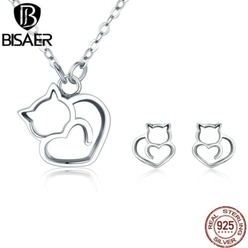 Authentic 100% 925 Sterling Silver Heart Shape Naughty Cat Necklace & Earrings Jewelry Set Women Girl Sterling Silver Jewelry