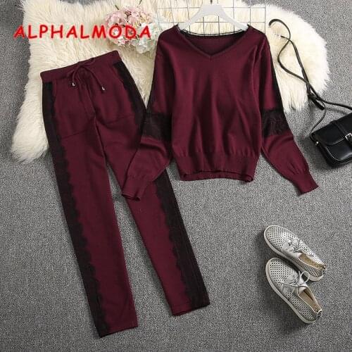 ALPHALMODA 2019 Winter New Arrival Womens Fashion Knitting Sweater + Pants 2pcs Tracksuit Lace Patchwork Trendy Seasonal Set