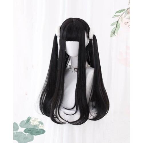 CosplayMix Lolita Anime Cosplay Party Wig 78/62CM Long Straight Black With Bangs Synthetic Cute Heat Resistant+Cap
