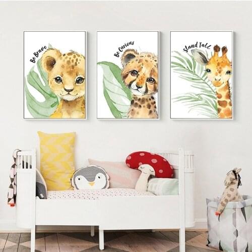 Cartoon Watercolor Animal Poster Canvas Painting Cute Zebra Giraffe Elephant Print Nursery Wall Art Picture for Kids Room Decor