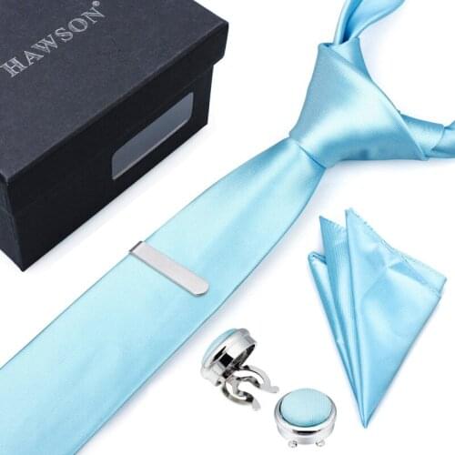 HAWSON Azure Necktie and Pocket Square Set with Tie Bar Clips Button Cover CuffLinks for Men Shirt