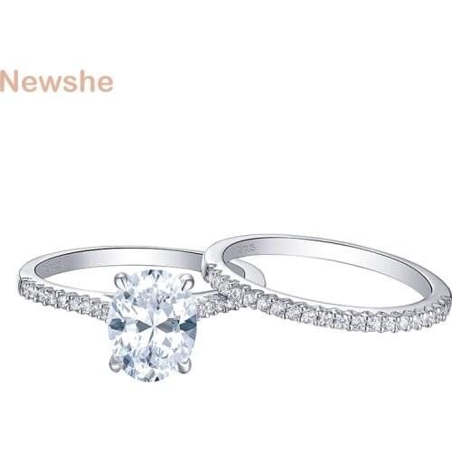 Newshe 2 Pieces 925 Sterling Silver Wedding Rings Set 1.9Ct Oval Shape AAAAA Zircon Jewelry Engagement Ring Straight Band BR0943
