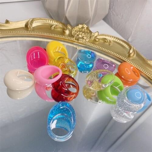 New Fashion Transparent Colorful Acrylic Resin Geometric Oval Finger Rings For Women Shiny Sequins Rings Party Summer Jewelry