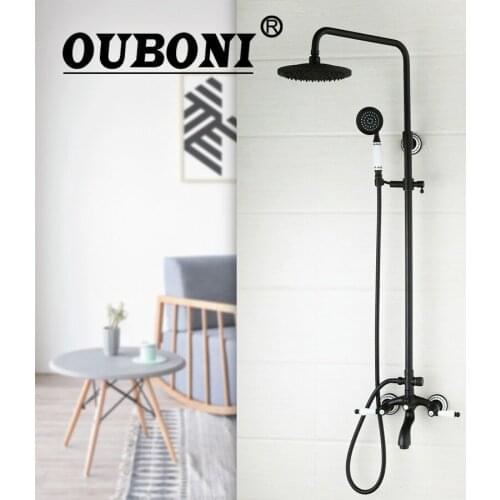 OUBONI 8" Rainfall Shower Head 50266 Bathroom Double Handles Oil Rubbed Bronze +Heldhead Shower Faucet Set Bathtub Mixer Tap