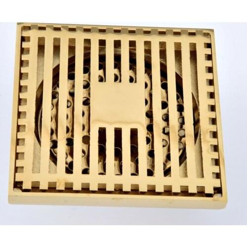 Luxury Polished Gold Color Brass Carved Flower Pattern Bathroom Shower Drain 4" Square Floor Drain Waste Grates ahr070
