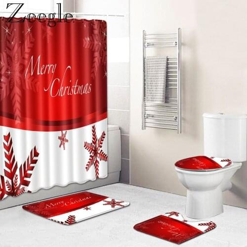 Zeegle Merry Christmas Shower Curtain Bathroom Curtain Anti-slip Foot Mat Bathroom Carpet Toilet Rug Absorbent Bath Mat Set