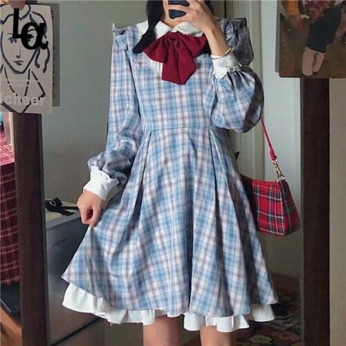 Luck A Women Japanese Harajuku Peter Pan Collar Bow Dress Female A-line Cute Lolita Dress Blue Plaid Ruffles Fairy Vestidos