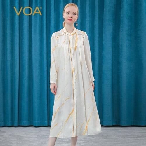 VOA Silk Golden Jacquard Half-height Collar AE388 Three-dimensional Pleated Loose Waist Single-Breasted Shirt Dresses Woman