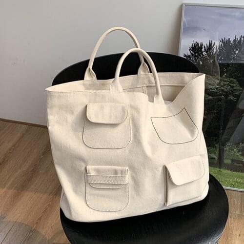 Korean Large Capacity Canvas Handbags for Women Weekend Shopper Multi-pocket Female Tote Big White Casual Top Handle Bags 2021
