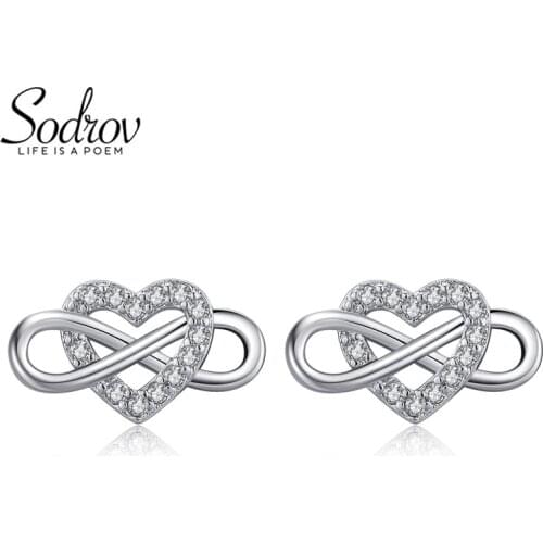 Sodrov 925 Silver Jewelry Stud Earrings For Women Romantic AAA Zircon Heart Love Silver Earrings