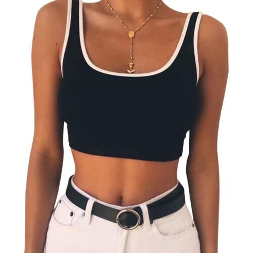 Women Summer Sleeveless Basic Crop Top Ribbed Knit Contrast Color Slim Vest Sexy Scoop Neck Backless Camis Shirt Blouse