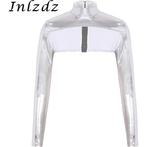 Womens Shiny Rave Pole Dance Crop Top Metallic High Neck Back Zip Up Form Fitting Shrugs Shirts Blouses Crop Top Rave Clothes