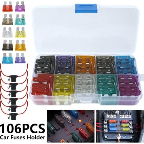 100Pcs Car Fuse Assortment 2/3/5/7.5/10/15/20/25/30/35A Fuse Set with 6pcs Inline Fuse HolderAuto Car Truck with Box Clip