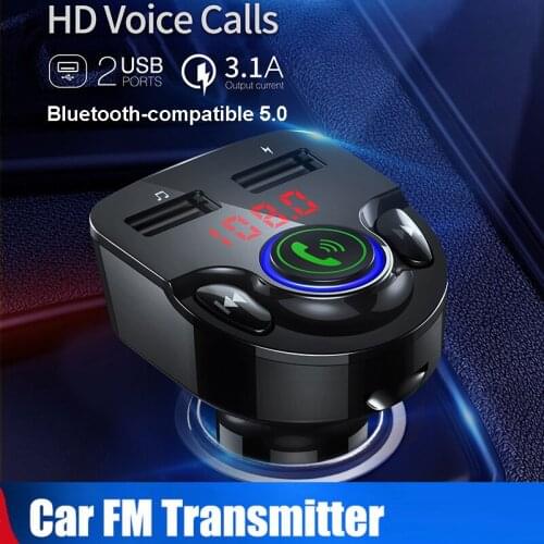 Konrisa Car FM Transmitter Bluetooth Music Player FM Radio Adapter Handsfree Car Kit Voice Broadcast Dual USB Support TF Card