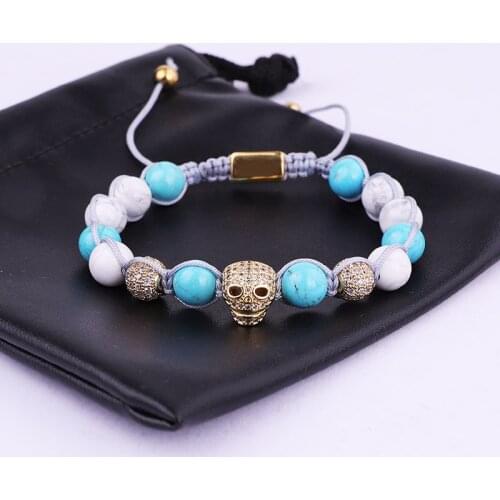 New Fashion Women Bracelet CZ Micro Pave Skull Charm Natural Stone Woven Macrame Bracelet Women Lady