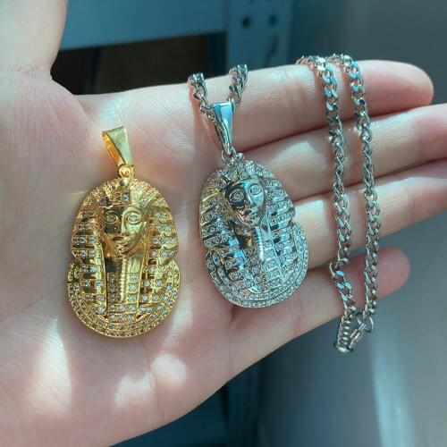 Grunge Style Gold Color Egyptian Pharaoh Hip Hop Emo Pendant Stainless Steel Crystal Gold Chain Jewelry Gift Necklace Wholesale