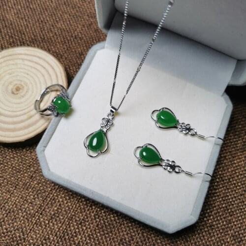 Ethnic Vintage 100% Real 925 Sterling Silver Jewelry Sets For Women Natural Green Jade Gemstone Rings/Earrings/Necklaces Jewelry