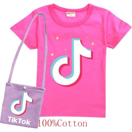 TIK TOK girls cotton short-sleeved T-shirt +bag girls cotton top Childr summer fashion Casual clothing