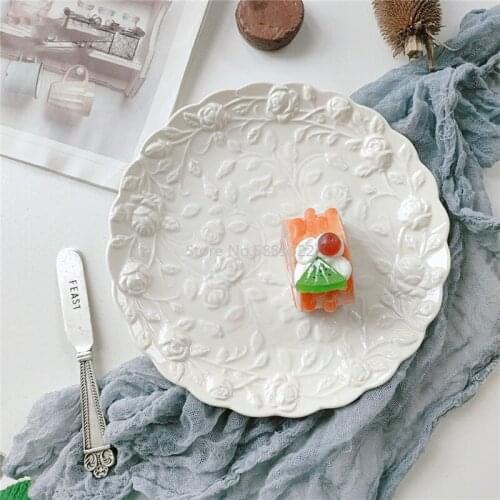 Flowers Ceramic Relief dinnerware Plates Beef Plate tableware Round Solid Color Dessert Dish Simple and Creative Salad Dishes