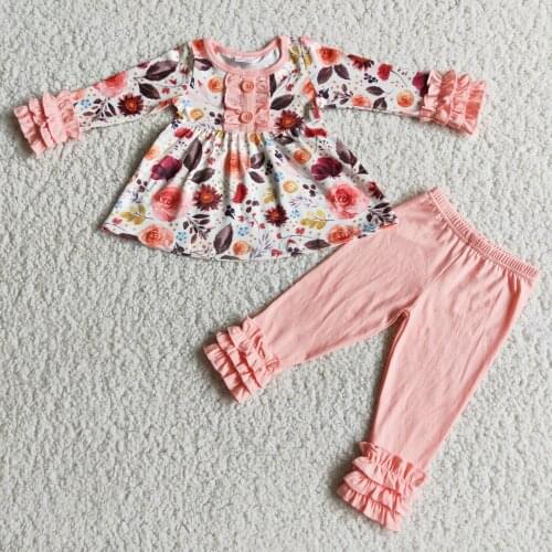 Lovely Pink Flower Desiger Baby Children Girls Wear Ruffles Sleeve Button and Pants Sets Boutique Fall Outifts