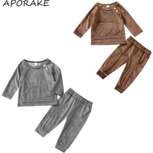 2021 0-24M Infant Clothing Set Button Solid Color Round Neck Long Sleeve Sweatshirt+Pockets Pants Casual Boys Girl 2pcs Outfits