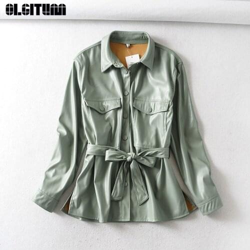 2020 Autumn New Fashion Women Light Green Faux Leather Jacket Coat With Belt Ladies Long Sleeve Loose Oversize Boy Friend Coat