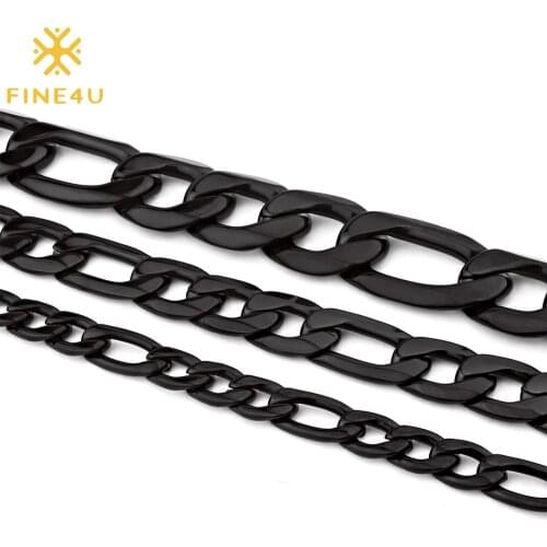 FINE4U N554 Stainless Steel Figaro Chain Necklace Black Color Figaro Link Chain Necklaces for Men 24Inches