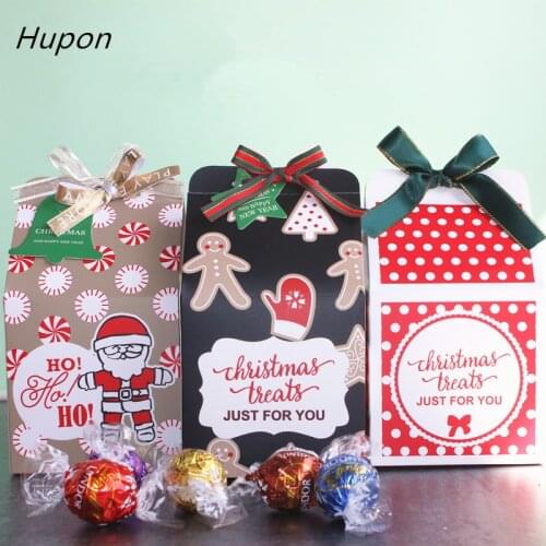 10pcs Christmas Paper Gift Bag Candy Boxes with Ribbons Merry Christmas Packaging Gifts Boxes Christmas Party Decor Supplies